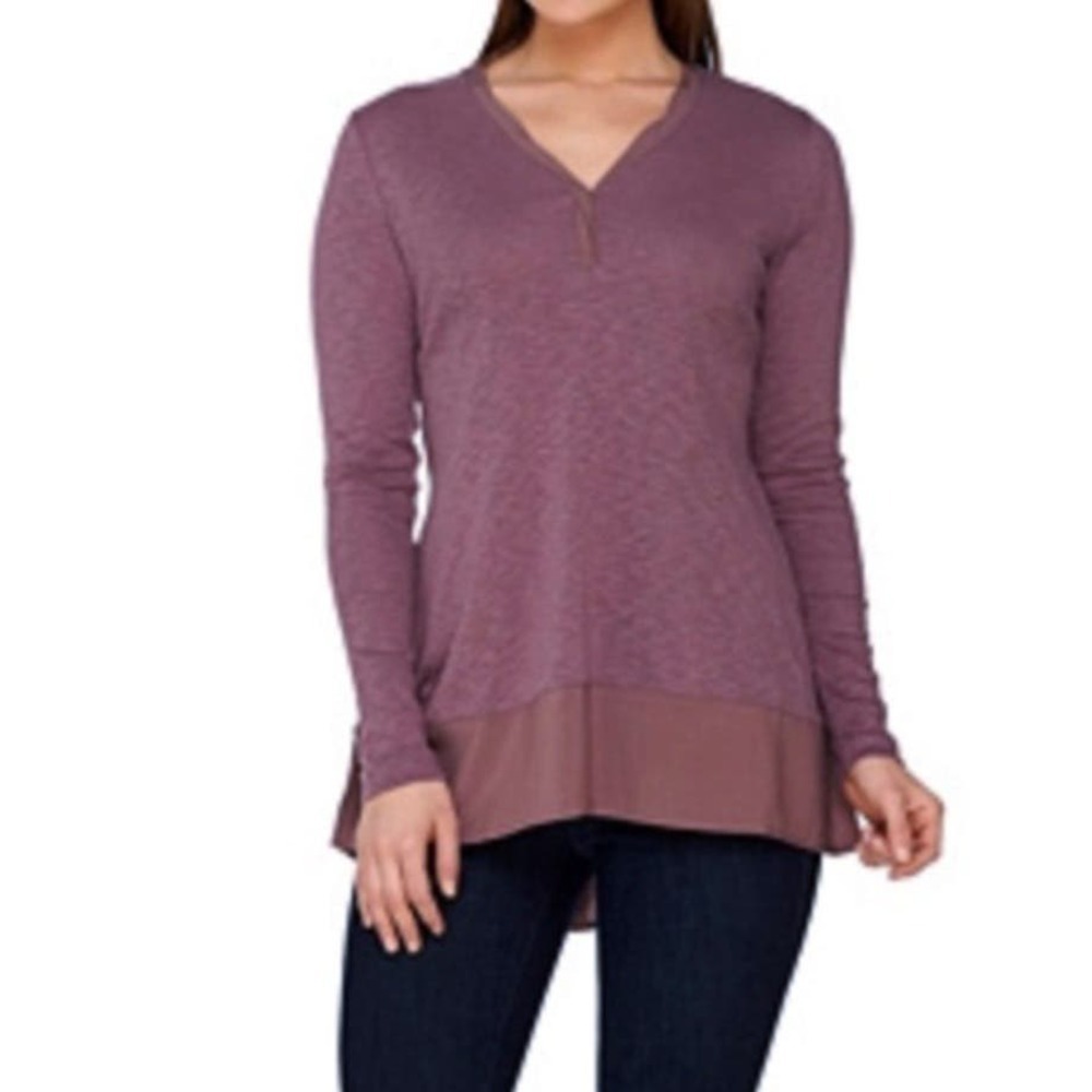 LOGO Lori Goldstein V Neck Keyhole Long Sleeve High Low Pullover Top Purple Sz L